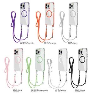 Custom Fashionable Fancy Cross-body Crystal Clear Magnetic Mobile Phone Cases With Strap Lanyard For IPhone 14 15 Pro Max