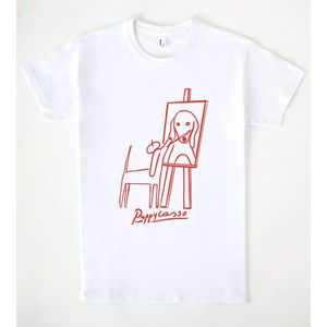 Puppycasso T-shirt blanc avec motif artistique rouge, vêtements décontractés unisexes - Product Image 1