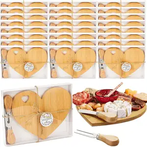 24 Set Bridal Shower Party Favors Wooden Heart Shaped Cheese Board Cheese Knives Set Thank You Tags with White Box Gifts