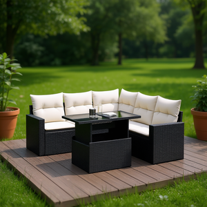 Ensemble de canapés de jardin en rotin noir avec coussins crème, mobilier d'extérieur au design contemporain, résistant à l'eau et aux UV, en matériau PE - Product Image 2