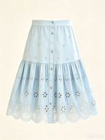 Ensemble 2 pièces vintage pour filles : Blouse à manches volantées brodée en coton ajouré + Jupe midi évasée froncée – Idéal pour les fêtes