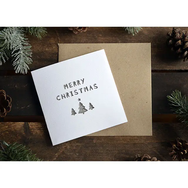 Wholesale customize logo printing Christmas folder hologram silver greeting paper cards