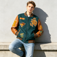 Veste universitaire personnalisée avec logo, style vintage, pour homme, avec lettres vertes et patchs en chenille brodés, veste de baseball personnalisée pour homme, manteaux d'hiver