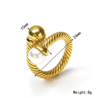 Bague en acier inoxydable torsadée à manchette ouverte, plaquée or avec fausse perle et boule lisse, bijou fantaisie pour le quotidien