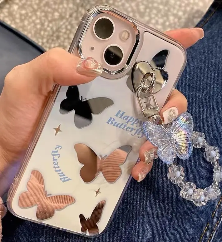 Luxury Gradual Mirror Pattern Blue Halo Phone Case with Exquisite Chain for iPhone 14/13 Pro/13 12 11
