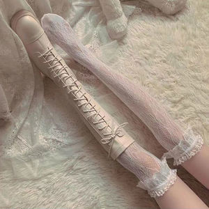 Women's Mid Calf Socks White Lace Trim Over The Knee Thin High Top Summer Jk Style Breathable Anti Slip Cotton - Product Image 1