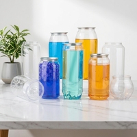 Boîte en plastique PET transparente de 250 ml, 330 ml, 350 ml, 500 ml, 650 ml, 55 mm, 57 mm avec couvercle en aluminium à ouverture facile pour jus et boissons gazeuses