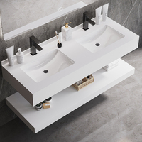 Meuble de salle de bain moderne double vasque en céramique avec miroir rectangulaire, en dalle de roche double couche, résistant à l'eau, pour hôtel et appartement