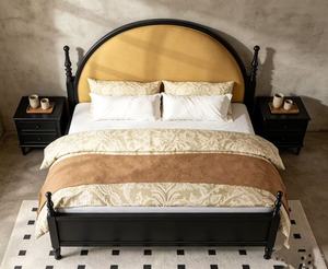 Premium <b>Queen</b> <b>Size</b> Black Wood Spindle <b>Bed</b> With Yellow Arched Upholstered Headboard For Bedroom - Product Image 3