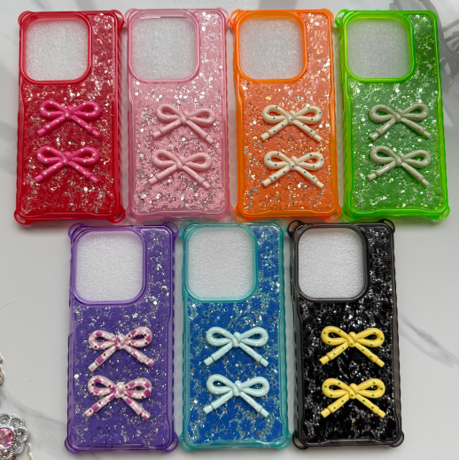 Iridescent Shell Pattern 3D Bowknot TPU Phone Case for iPhone 16 17 ProMax with Diamond Inlaid Camera Frame Protective Cover