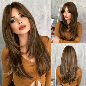 Pelucas sintéticas largas y lisas <span class=keywords><strong>de</strong></span> alta calidad al por mayor para mujer, con flequillo cortina que marcan el rostro, pelucas <span class=keywords><strong>de</strong></span> cabello completo <span class=keywords><strong>natural</strong></span>. - Product Image 3