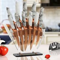 Couteaux de cuisine de luxe en acier inoxydable avec manche en PP motif marbre, revêtement titane, ensemble de couteaux de cuisine avec support