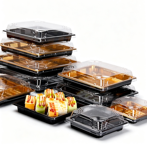 Vente directe d'usine, boîte à <span class=keywords><strong>sushi</strong></span> et sandwich carrée durable de qualité supérieure en PET de qualité alimentaire avec couvercle, feuille d'or - Product Image 3