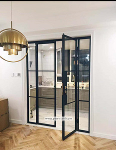Puerta de acero abatible doble moderna de diseño gráfico de gama alta con puertas francesas enmarcadas delgadas con arco superior con vidrio templado Doble - Product Image 4