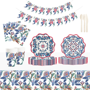 DAMAI - Juego de Platos, Vasos y Servilletas Desechables de Papel con Diseño Floral Estilo Chino Retro para Fiestas, para 8 Personas - Product Image 1