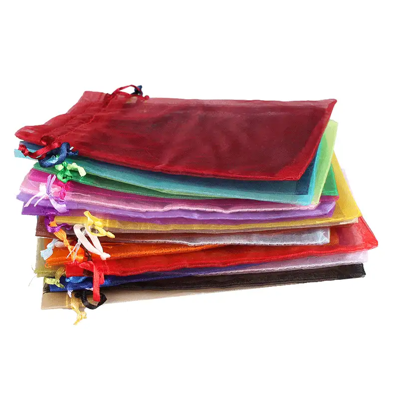 24 colori 8 dimensioni in magazzino promozionale personalizzato piccolo pacchetto di Nylon borse a rete sacchetto di imballaggio con coulisse in Organza