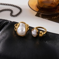 Bague minimaliste en acier inoxydable plaqué or 18 carats avec perle baroque, ouverture asymétrique, forme extraterrestre, ajustable, bijoux pour femmes