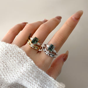 Modern Design Moss Agate Engagement <b>Ring</b> Green Ethnic Style Gemstone Jewelry with <b>Stack</b> <b>Ring</b> Wedding Band - Product Image 4