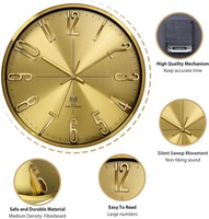 Reloj de pared de radiocontrol con número 3D de lujo de metal simple moderno de 12 pulgadas, reloj de aluminio atómico personalizado dorado redondo silencioso
