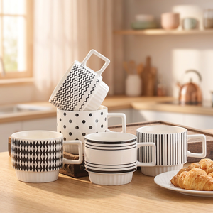 Tasses à boire en céramique et porcelaine géométriques noires et blanches, esthétiques et soigneusement sélectionnées, résistantes aux hautes températures et compatibles lave-vaisselle - Product Image 1