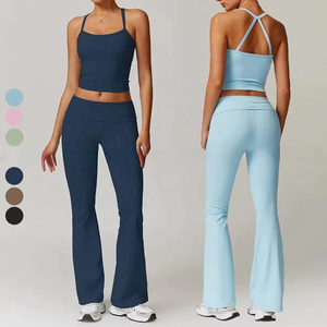 Ensemble de yoga pour femmes en tissu recyclé écologique, solide et respirant, soutien-gorge de sport à séchage rapide, pantalon évasé taille haute pour soulever les fesses, ensemble de 2 pièces - Product Image 1