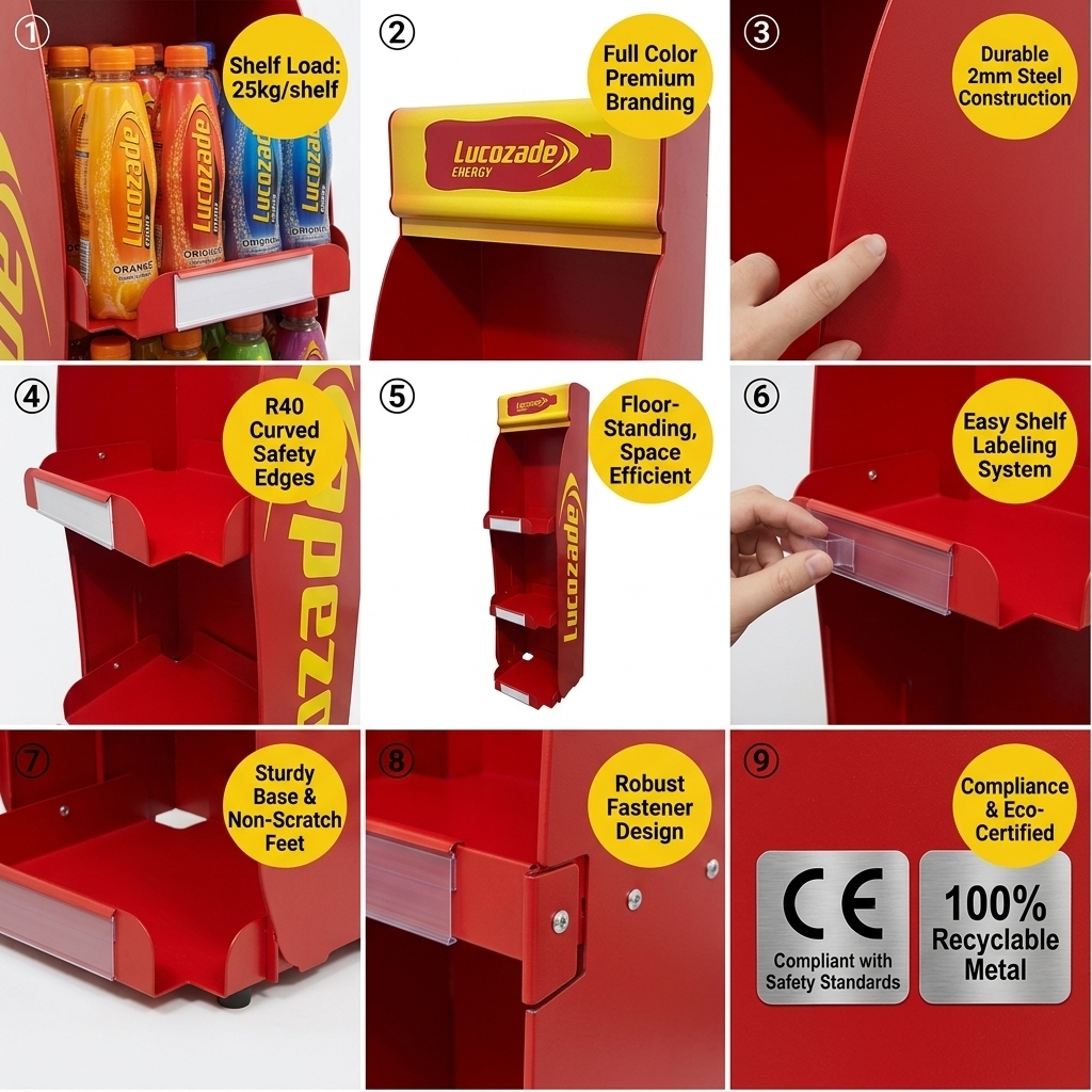 Custom Metal Energy Drink Display Rack Sidekick Stand for FMCG POS Merchandising Power Wing Retail Beverage Organizer Station — view 5