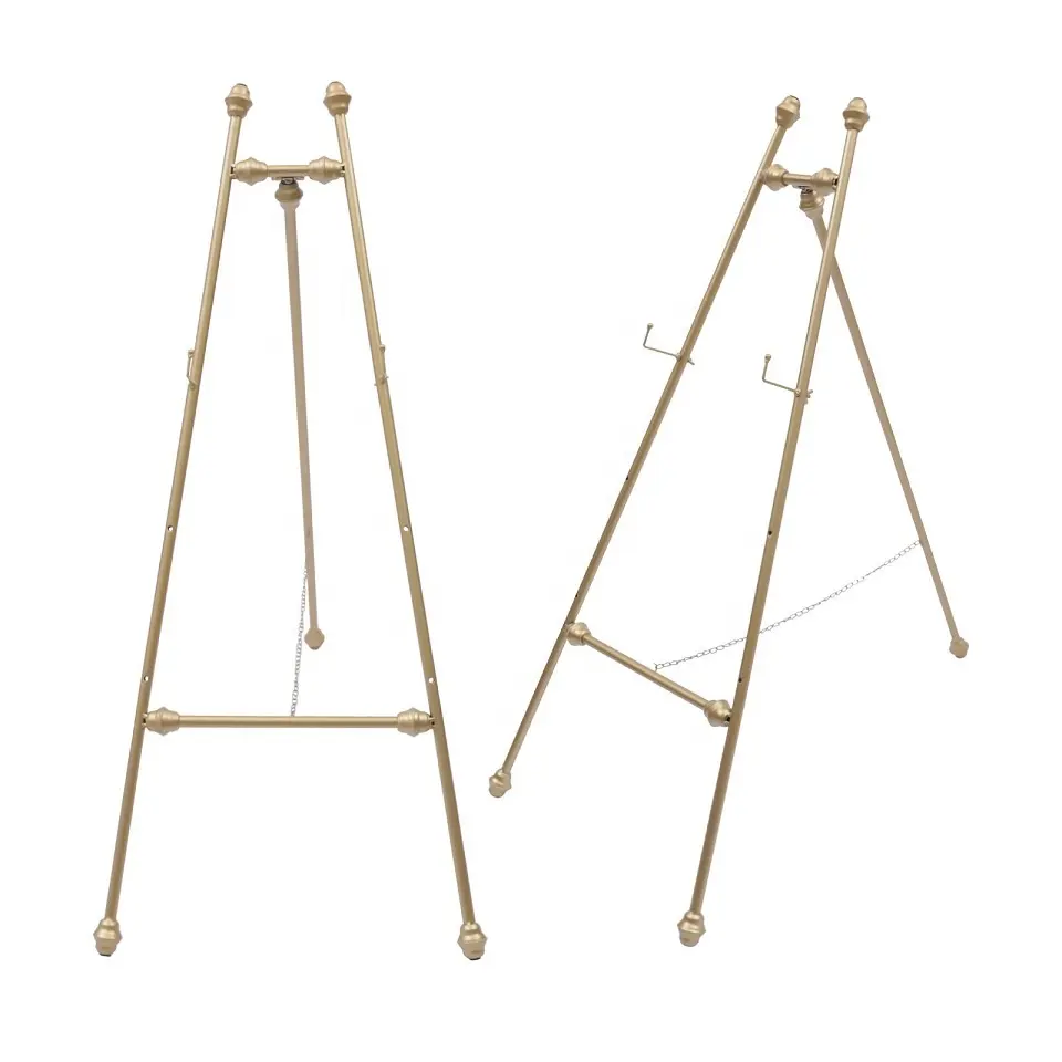 Portable Golden Wedding Tripod Picture Stand with Adjustable Hooks Metal Floor Easel Stand