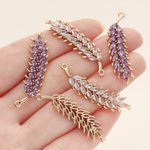 <b>Copper</b> Plated Gold Zircon Marquise Cut Feather Wheat Pendant For <b>Bracelet</b> Making DIY Jewelry Accessories - Product Image 3