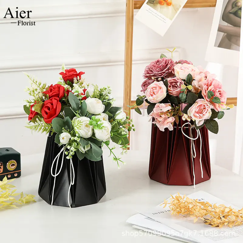 Aierflorist 2024 새로운 접힌 축제 선물 팔각형 상자 창조적 인 시뮬레이션 꽃 종이 꽃병 상자