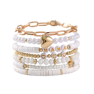 Conjunto de pulseras para el día de la madre, 7 piezas, colgante de corazón con letras de arcilla polimérica, joyería apilable, regalo para mujer, tono oro blanco - Product Image 5