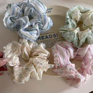 Nouveau design printemps et été style fantaisie fleur dentelle cheveux chouchous pour filles tissu rayé cheveux cravates pour jeunes dames - Product Image 6