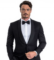 Veste de Costume de Mariage Homme Sur Mesure, Blazer de Cérémonie à Revers Pointus en Satin Noir, Simple Boutonnage, en Laine