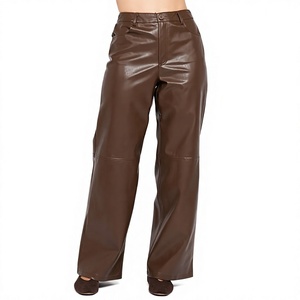 Pantalon décontracté droit en cuir PU marron pour femme ELYSIAN INDUSTRIES, taille mi-haute, couleur unie, longueur complète, fermeture éclair et bouton - Product Image 1