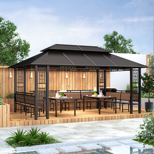 Gazebo di Lusso 3,5x5,5m con Doppio Tetto Rigido Zincato, Pergola <span class=keywords><strong>da</strong></span> <span class=keywords><strong>Esterno</strong></span> con Tavolo e Sedie - Product Image 1