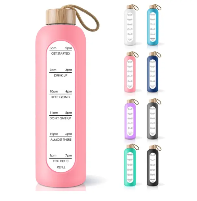1000ml Glass Water Bottle Silicone Sleeve Glass Water Bottle with Time Stamps