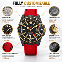 50 PCS Montre personnalisée en fibre de carbone pour homme, montre mécanique automatique de luxe, OEM, saphir, sport, luminescente, résistante à l'eau 30M