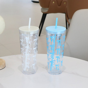 Tazza di paglia a doppio strato in plastica con papillon a colori con stampa trasparente tazza da caffè Casual per auto bicchiere dritto con coperchio in paglia - Product Image 3