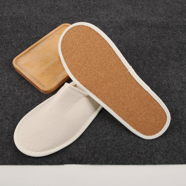 Customized Eco Friendly 100% Cotton Cork Sole Biodegradable Flat Closed Toe Disposable Hotel Slippers
