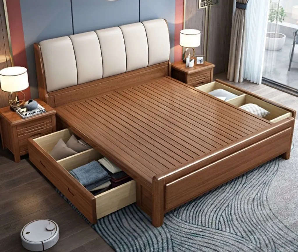 नॉर्डिक शैली बेडरूम फर्नीचर आधुनिक लकड़ी बिस्तर भंडारण के साथ 1.8/1.5 m डबल नरम शादी बिस्तर में अखरोट की लकड़ी