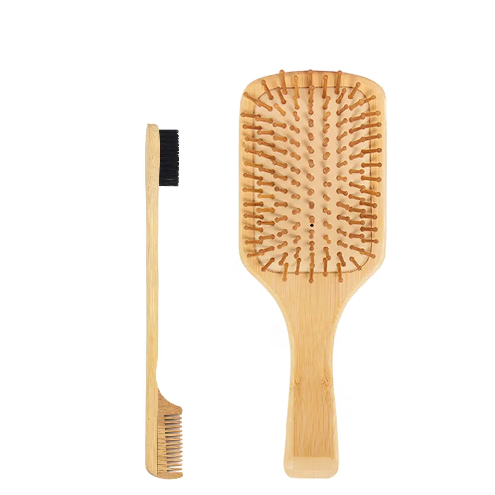 Yüksek kaliteli 2-PC Set doğal bambu kürek hava yastığı saç uzatma fırça kenar kaş fırçası ile özel etiket