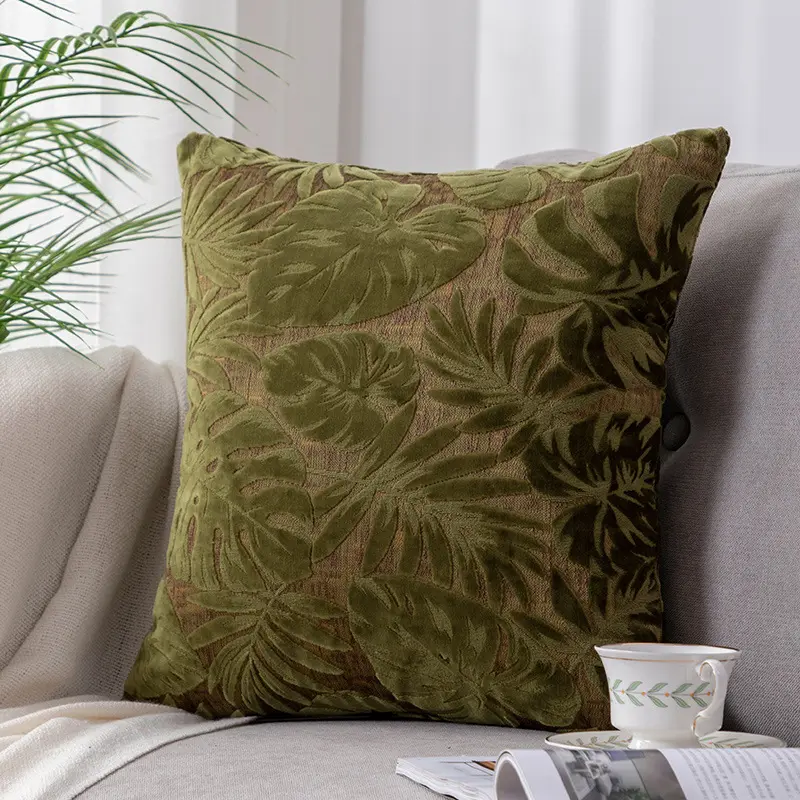 Hot Sale Luxury Jacquard Pillow Case Cover Geometric Plant Cut Velvet Cushion Cover with Piping for Home Decor