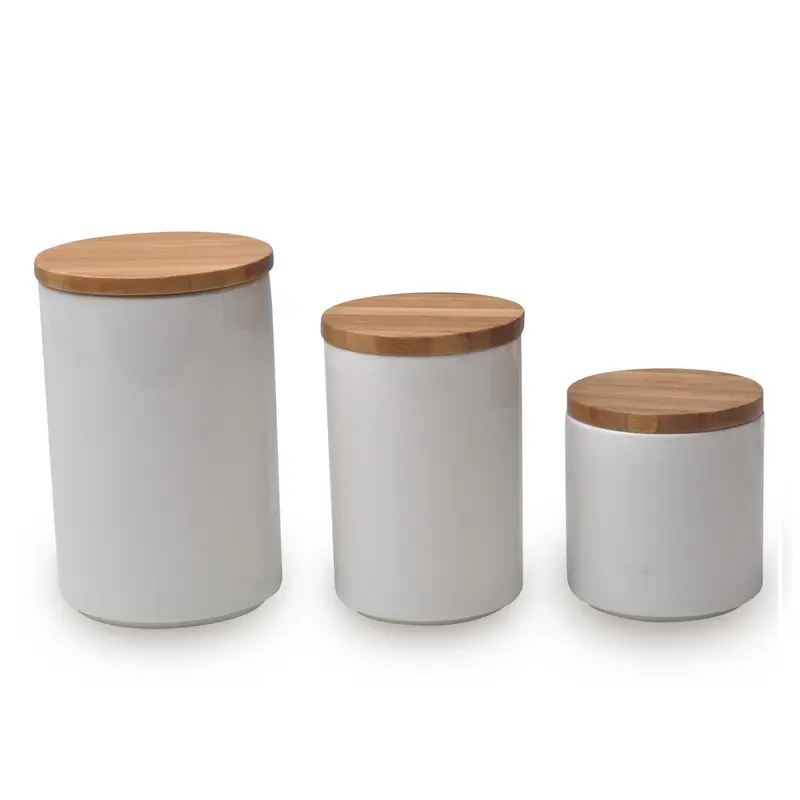 Modern Kitchenware set White Ceramic canister set Round Food Storage Container tea coffee sugar canisters With Bamboo Lid