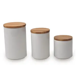 Modern Kitchenware Set White Ceramic Canister Round Food Storage Container Tea Coffee Sugar Canisters With Bamboo Lid