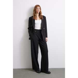 กางเกงขายาวทรงขาบานเอวสูงผ้าเครปสีดำกันยับสำหรับผู้หญิง - Product Image 3