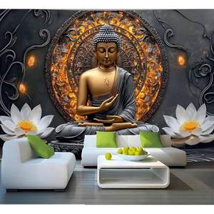 Tapisserie d'art zen psychédélique de méditation du Bouddha blanc avec fleurs, décoration d'Halloween, statue bouddhiste, décoration murale - Product Image 4