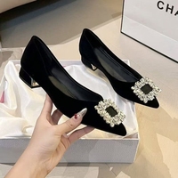 Chaussures de mariée élégantes pour femmes, style français, en daim, à bout pointu, à talon carré, avec strass, à enfiler, couleur unie