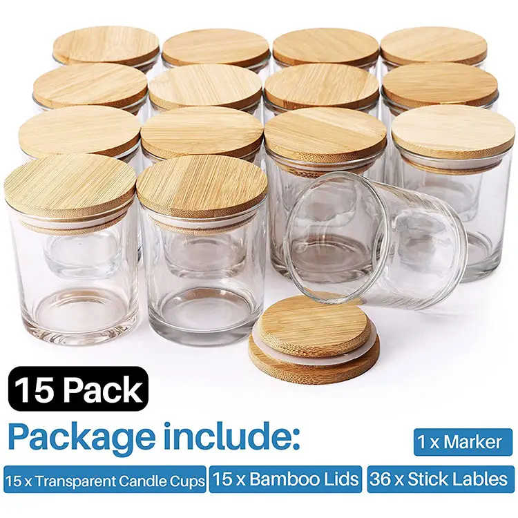 Tarros de vela de vidrio transparente, recipiente vacío con tapas de bambú para fabricación de velas perfumadas, 7oz, 200ml, venta al por mayor