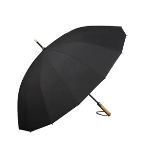 16 Ribs Reinforced Windproof Frame Enlarge Wooden Handle Stick Umbrella 25 Inch Support Logo Customized