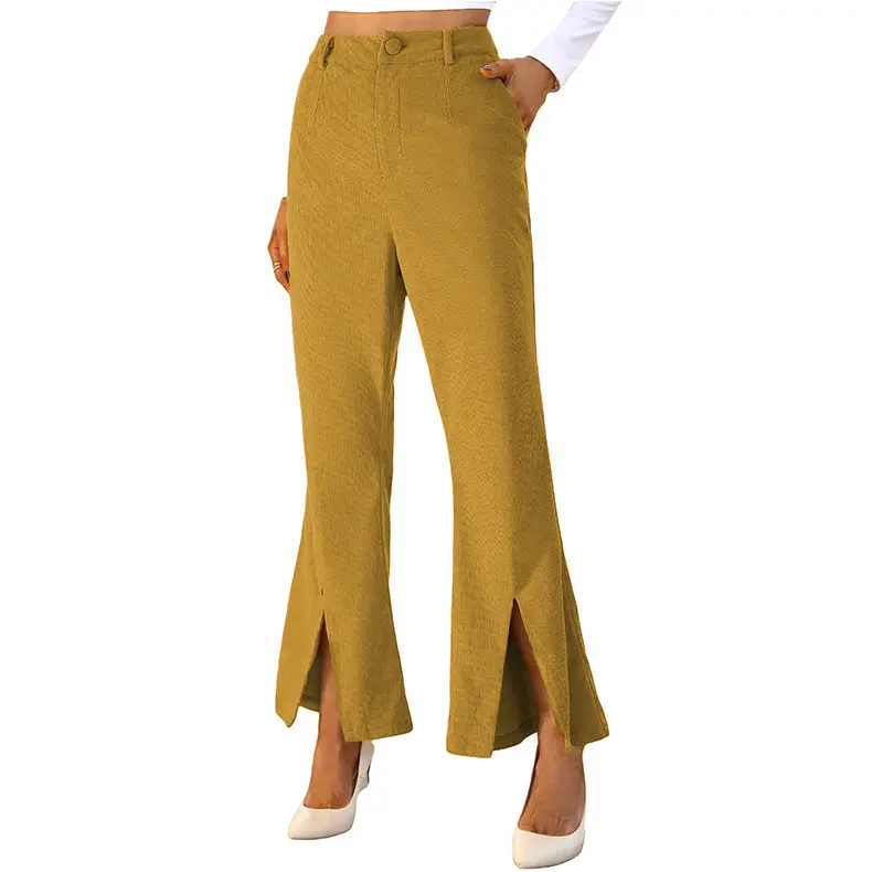 Women High Waist Casual Pants In Europe And America Solid Color Corduroy Flared Pants Loose Split Pants
