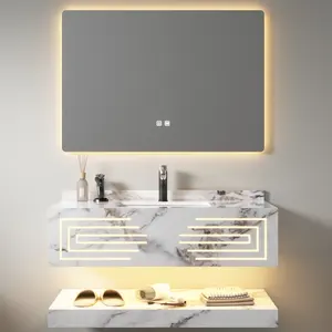 Cheap price 80cm mable bathroom cabinet with LED light double layer rock slate bathroom cabinet with mirror